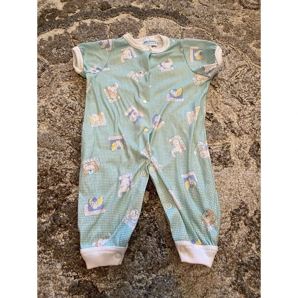VTG CARTERS Baby 3-6M Green Neutral Romper Outfit USA Animals Snap